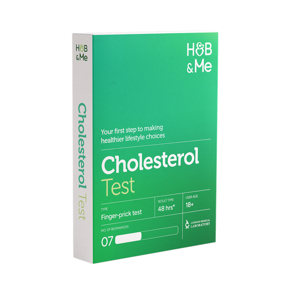 Home cholesterol finger prick test kit packaging.