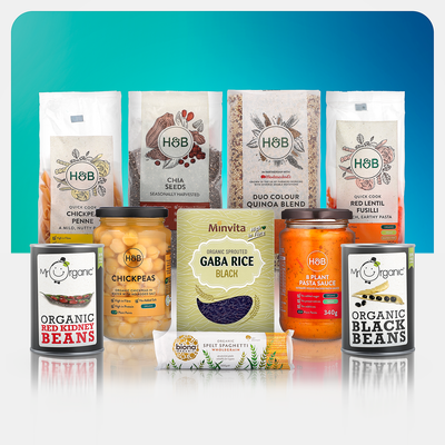 10 products on blue background: penne pasta, chia seeds, quinoa, fusilli pasta, kidney beans, chickpeas, black rice, spaghetti, plant sauce, black beans