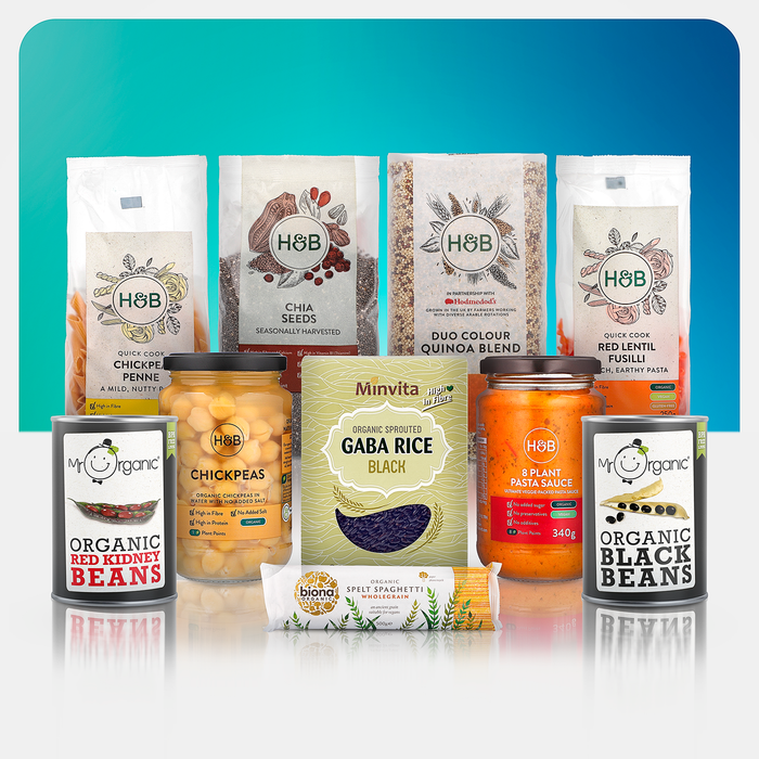 10 products on blue background: penne pasta, chia seeds, quinoa, fusilli pasta, kidney beans, chickpeas, black rice, spaghetti, plant sauce, black beans