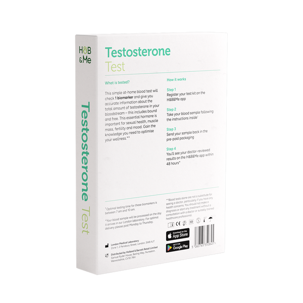 Packaging for a Testosterone Blood Test with instructions.