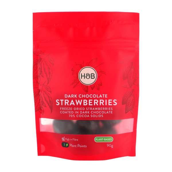 H&B Dark chocolate strawberries in 90g packet.
