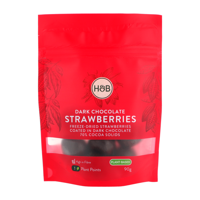 H&B Dark chocolate strawberries in 90g packet.