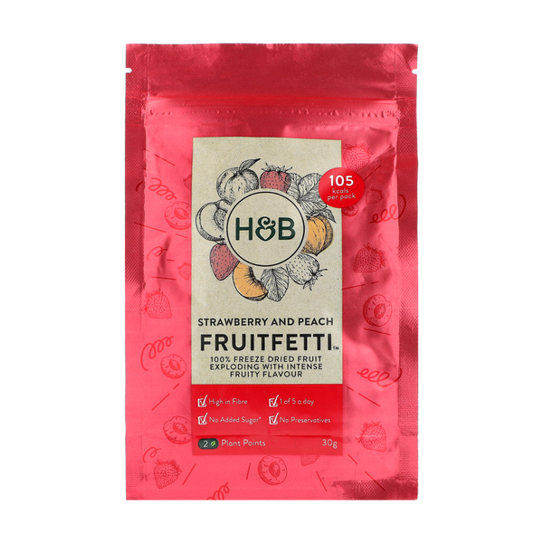 H&B Strawberry and peach dried fruit in 30g packet.