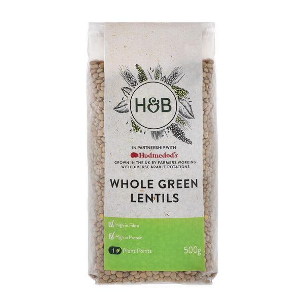 H&B Whole Green Lentils 500g in bag.