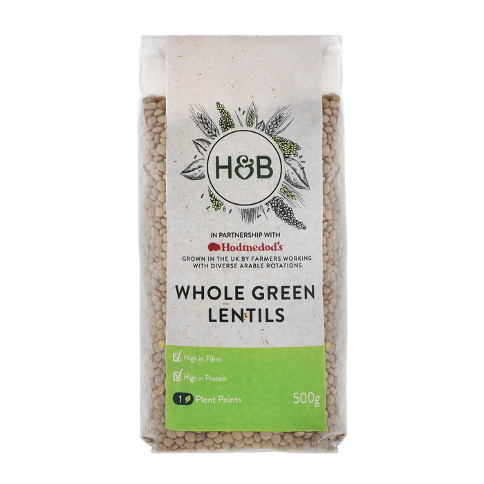 H&B Whole Green Lentils 500g in bag.