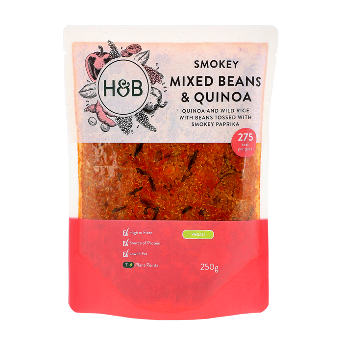 Smokey Mixed Beans & Quinoa in 250g packet.