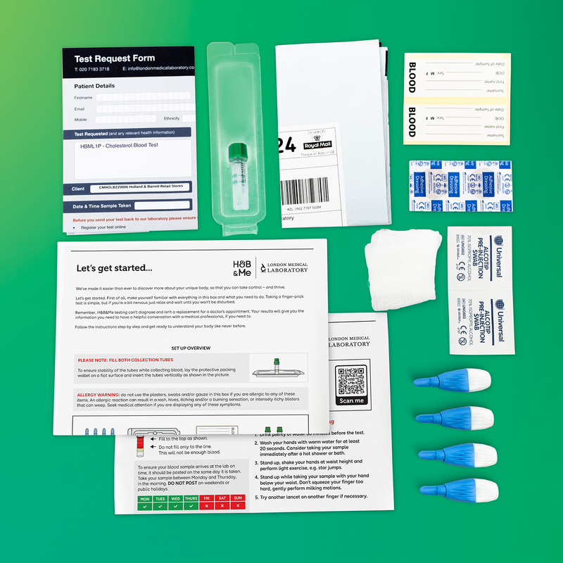 Blood sample collection kit with instructions and materials for sending to a laboratory.