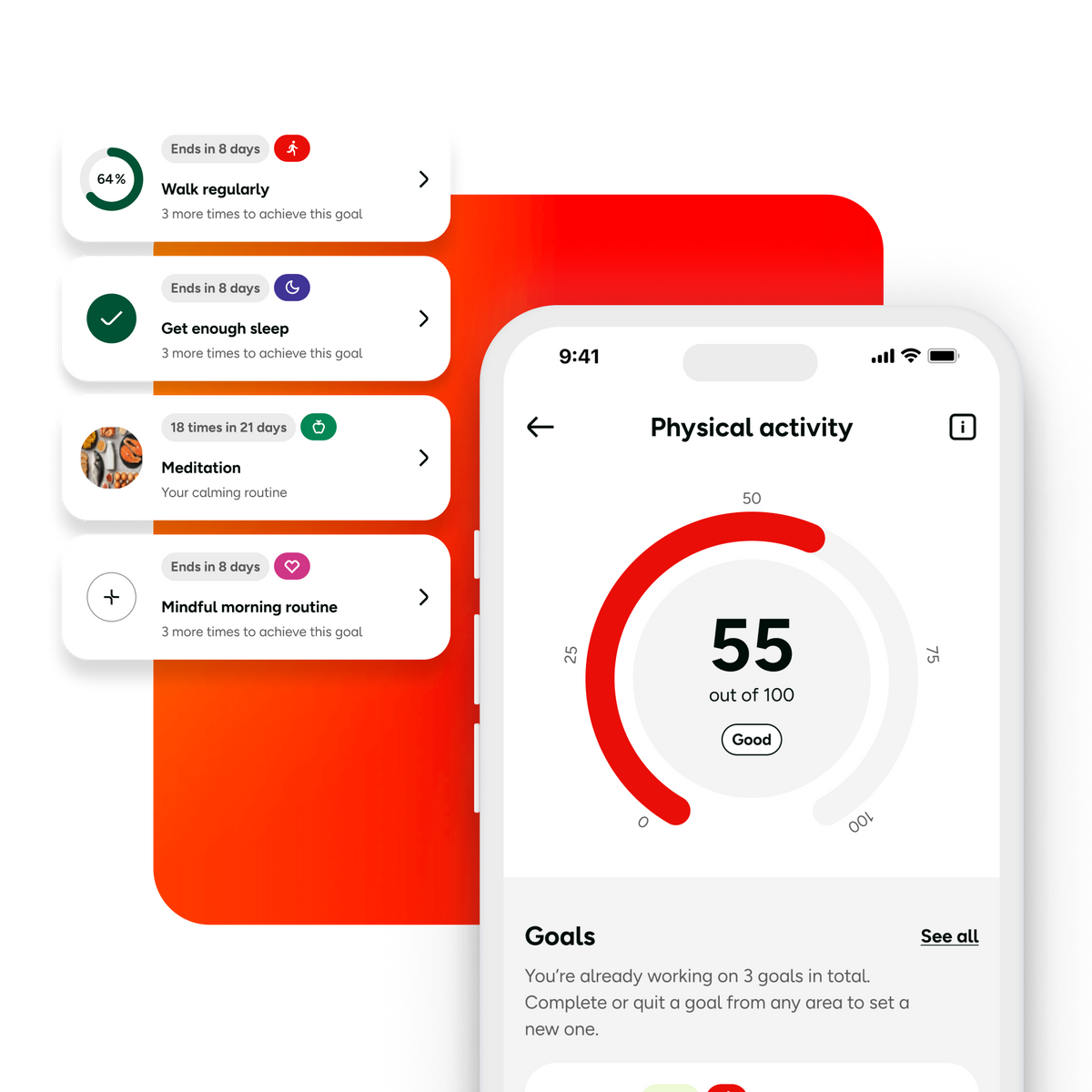 App which displays physical activity score of 55 with some example notifications to it's left. 