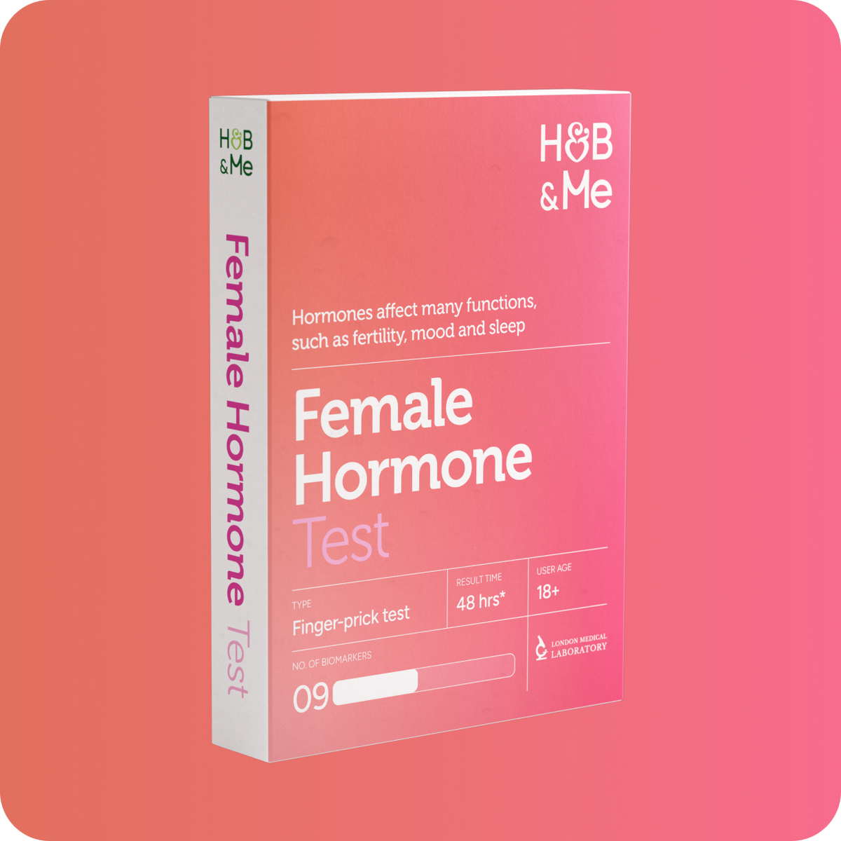 Female Hormone blood test kit on pink/red background.