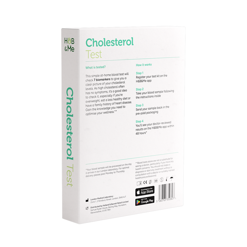 A cholesterol test kit packaging with instructions.