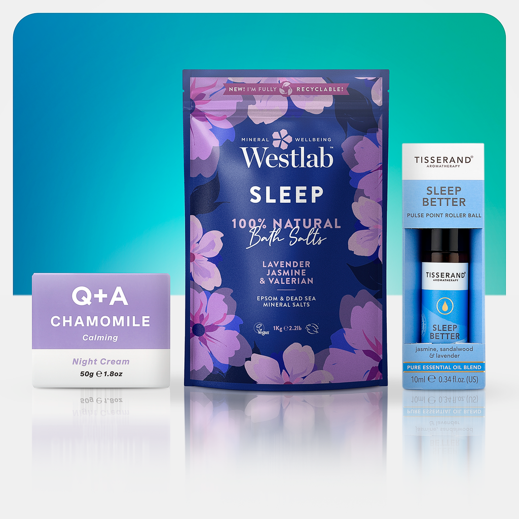3 products on blue background: night cream, sleep mineral salts and sleep better oil.