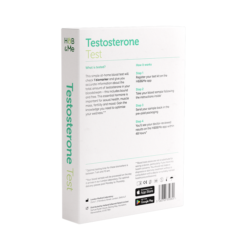 Packaging for a Testosterone Blood Test with instructions.