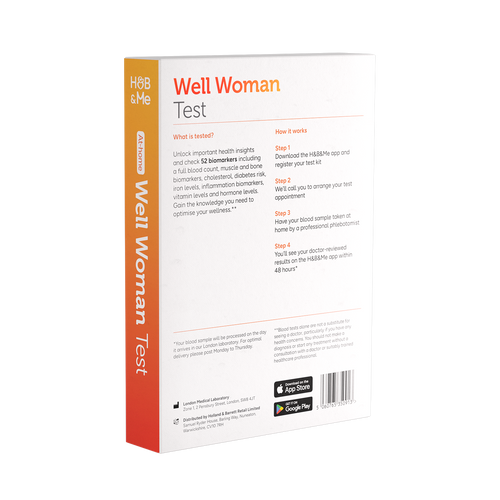 Packaging for a Well Woman At-Home Blood Test with instructions.