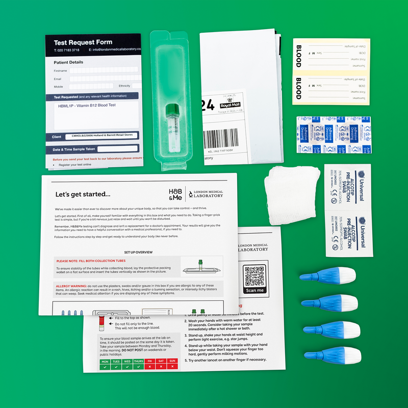 At-home blood sample collection kit with instructions and materials for sending to a laboratory.